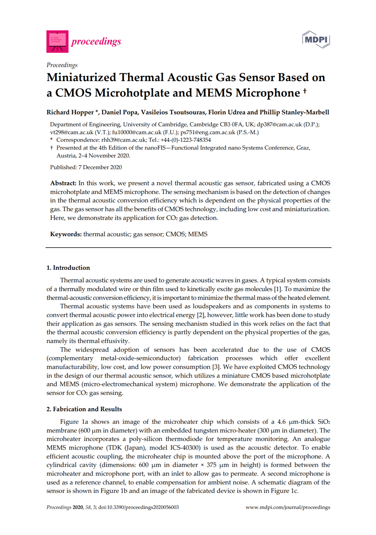 Miniaturized Thermal Acoustic Gas Sensor Based on a CMOS Microhotplate and MEMS Microphone