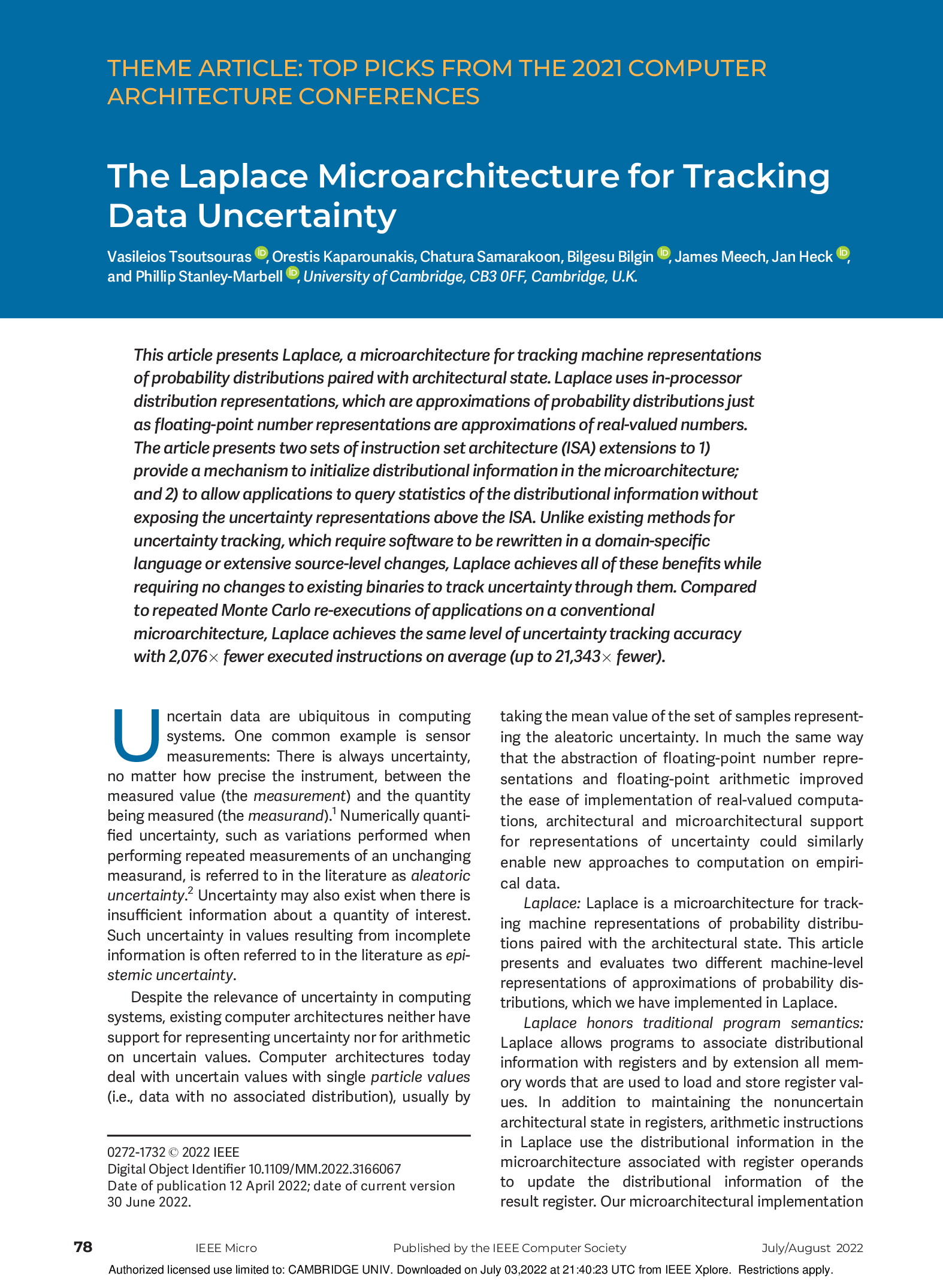 The Laplace Microarchitecture for Tracking Data Uncertainty